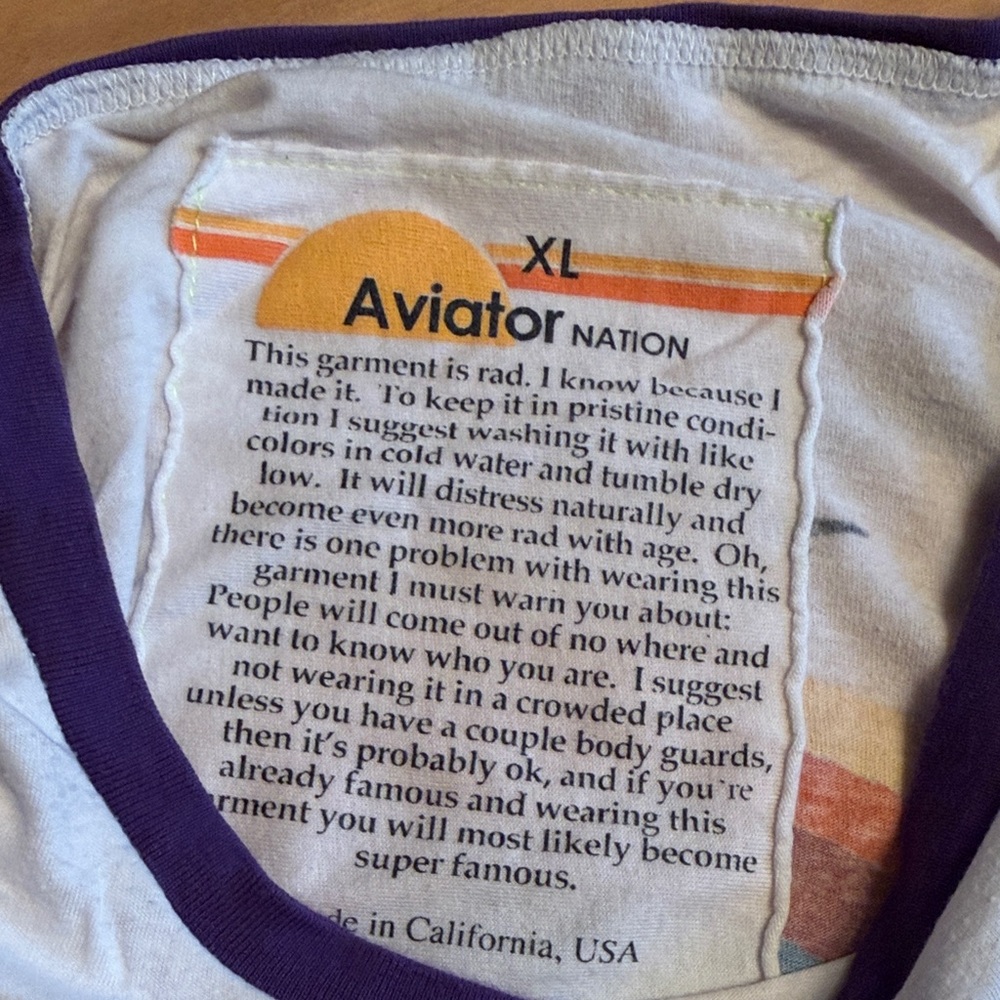 Aviator Nation White Tee with Purple Sleeves and Rainbow Hawaii Graphic - Picture 2 of 3